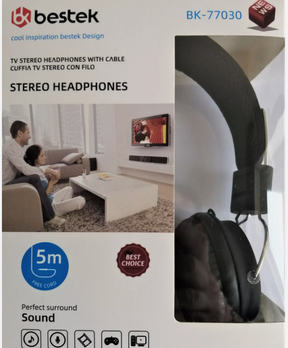 CUFFIA STEREO PER TV CON CAVO LUNGO 5 MT. ALTA QUALITA' SUONO SURROUND JACK 2,5 